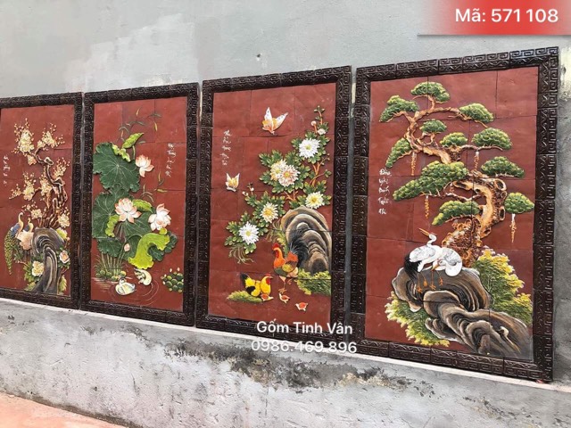 Bộ tranh gốm ghép bốn mùa cỡ lớn, mã 571108, tùng trúc cúc mai, xuân hạ thu đông, ốp tường, trang trí sân vườn, gốm bát tràng