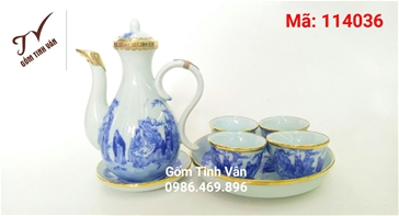bo binh tra xanh lam ve truc lam that hien boc dong, ma 114036, gom su bat trang tinh van