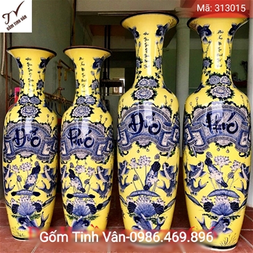 Lọ lộc bình, lọ lục bình phúc đức, hoa văn cá chép hoa sen vẽ tay, men vàng, hoàng kim, mã 313015, gốm sứ bát tràng tinh vân cao cấp