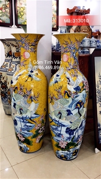 Lọ lục bình men vàng cảnh bách hạc hoa đào-Mã 313010-cao 1.4m (1.55m cả đế)-Hoa văn vẽ tay tinh xảo-Gốm Bát Tràng-Tinh Vân