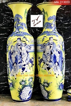 Lọ lộc bình (lục bình) men vàng cao cấp, vẽ tay tinh xảo cảnh ba vị tam đa ( phúc lộc thọ ), cao 1.55m cả chân đế, Gốm Sứ Bát Tràng-Tinh Vân cao cấp