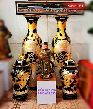 Lọ lục bình cuốn thư khảm rồng vàng cao cấp cao 1.75m cả chân đế , Mã 313011, Gốm Tinh Vân - Gốm Sứ Bát Tràng cao cấp