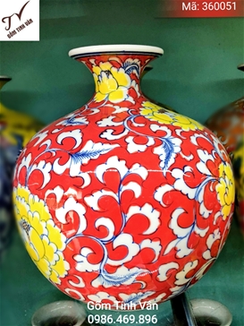 Bình hút tài lộc cao 30 cm, ngang 28 cm, gốm sứ Bát Tràng men đỏ vẽ tay hoa phù dung mã 360051, Gốm Tinh Vân