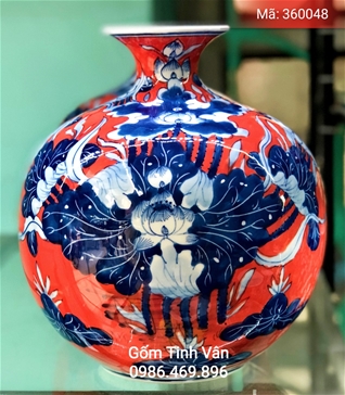 Bình hút tài lộc men đỏ vẽ hoa sen cao cấp, cao 30 cm ngang 28 cm, mã 360048, gốm sứ Bát Tràng Tinh Vân