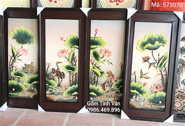 tranh tu quy hoa sen dap noi thu cong tinh xao, mau sac tuoi sang, ma 573070, kich thuoc 43x95 cm, gom su bat trang tinh van