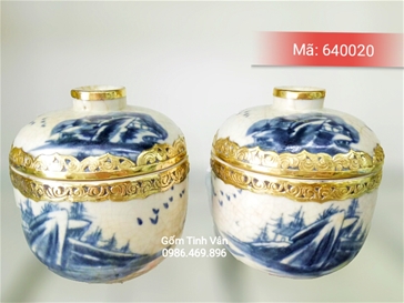 Bát nước có nắp, bát cơm cúng, trạm khắc đồng vẽ cảnh sơn thủy hữu tình men xanh lam, Mã 640020, gốm sứ Bát Tràng-Tinh Vân