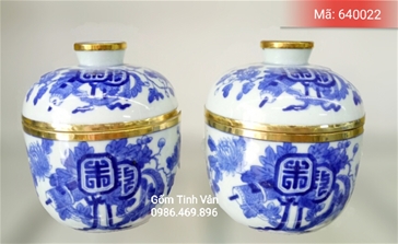 bat nuoc, bat com cung co nap, canh mai tho men xanh lam co, cham kham vien dong, dk 12 cm, cao 12 cm, gom su bat trang, tinh van