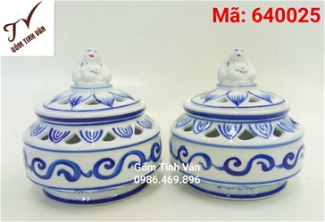 Đốt trầm hương men xanh lam vẽ hoa sen, mã 640025, dk 12 cm, cao 7 cm, gốm sứ Bát Tràng-Tinh Vân