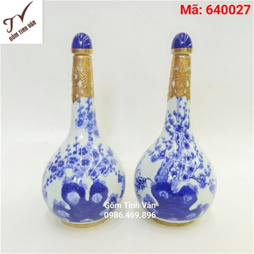 Nậm rượu bọc đồng men lam vẽ tay cảnh hoa đào, mã 640027, cao 23 cm, gốm sứ Bát Tràng-Gốm Tinh Vân