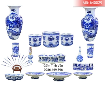 Trọn bộ đồ thờ men xanh lam hoa văn vẽ rồng trơn, mã 640029, gốm sứ Bát Tràng-Tinh Vân
