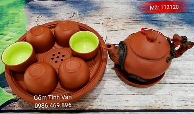 bo binh tra, am chen gom tu sa , gom nau do, men xanh ngoc, ma 112120, gom su bat trang tinh van, khay tron 2 ngan