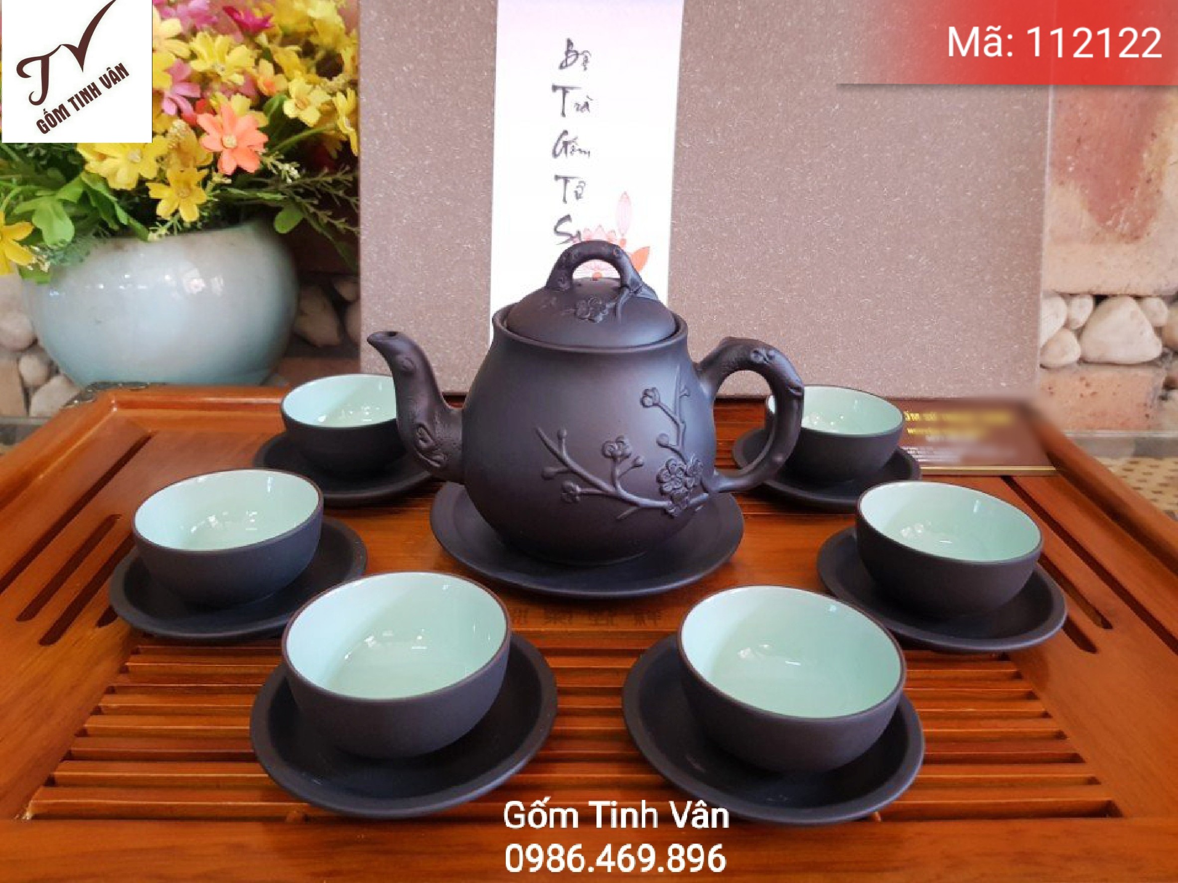 Bộ bình trà gốm tử sa Bát Tràng cao cấp +  khay gỗ sang trọng, mã 112122, Gốm Tinh Vân