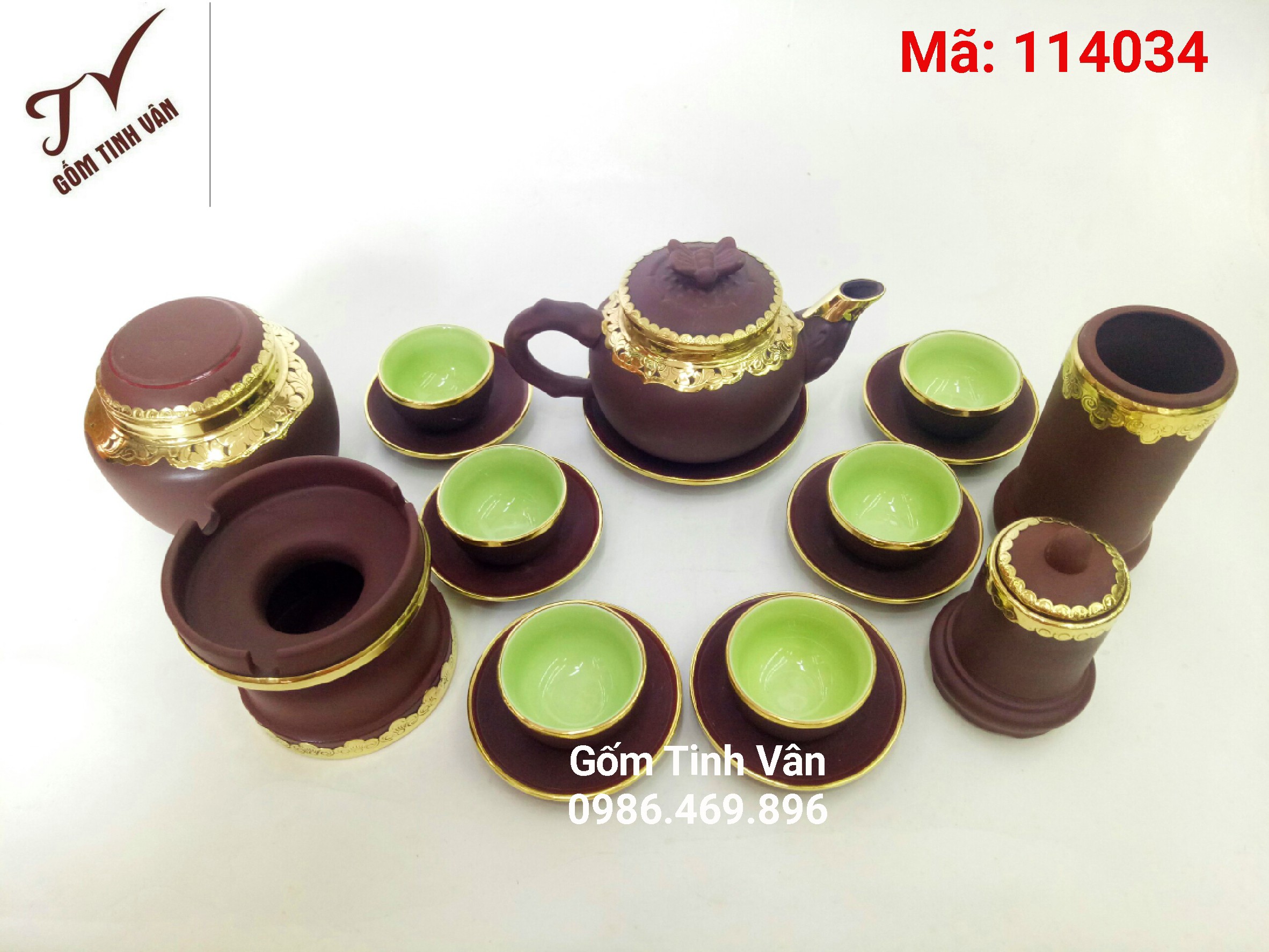 bo binh tra, am chen gom tu sa boc dong, ma 114034, day du phu kien, gat tan, ong tam, hop tra, binh trang tra, gom su bat trang tinh van