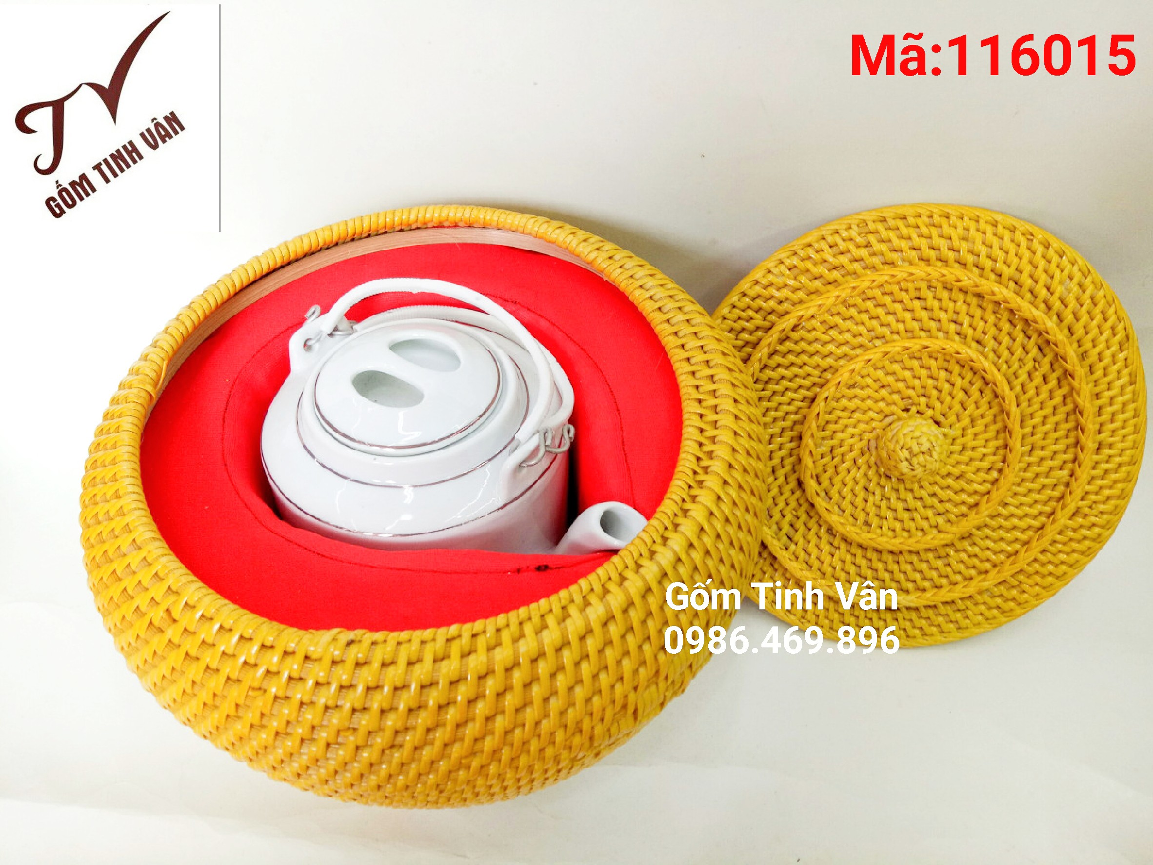 Giỏ ủ ấm tích, mã 116015, dung tích 1.5 lít, cao 24 đk 22 cm, mây đan kết hợp nhựa dẻo, ấm tích gốm bát tràng