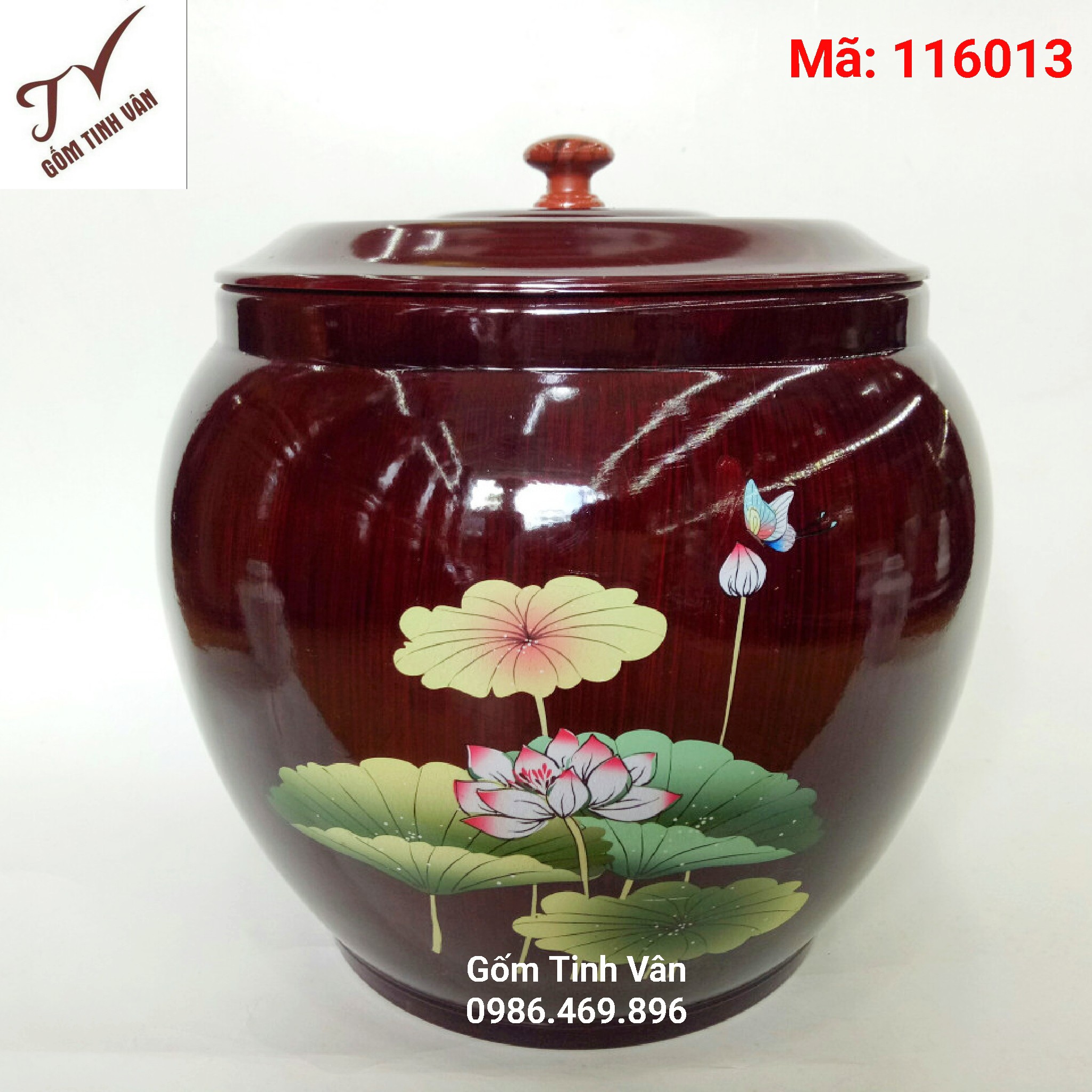 Giỏ ủ ấm tích sơn mài màu nâu gỗ, vẽ hoa sen,dung tích 1,5l, Gốm Tinh Vân, mã 116013