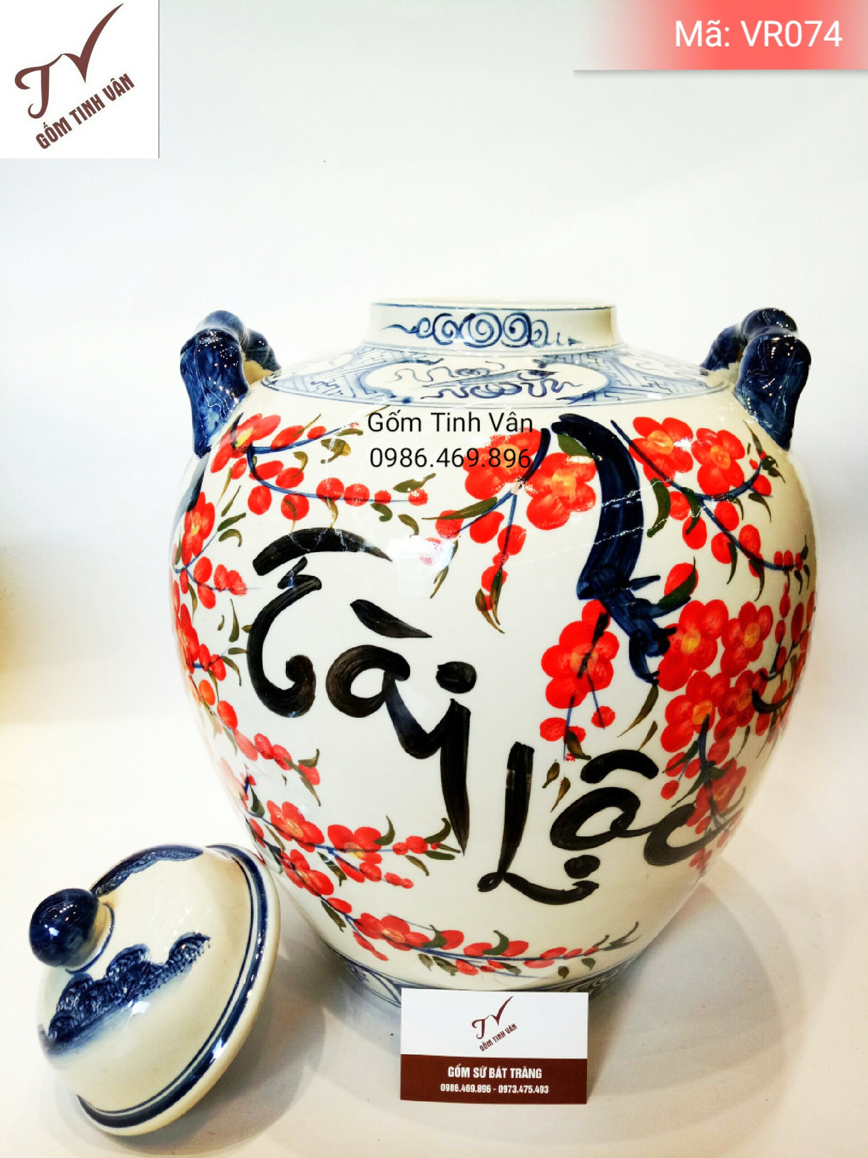 Vò rượu hoa văn hoa đào TÀI LỘC, dung tích 20l, chữ Tài Lộc, Gốm Sứ Bát Tràng-TINH VÂN