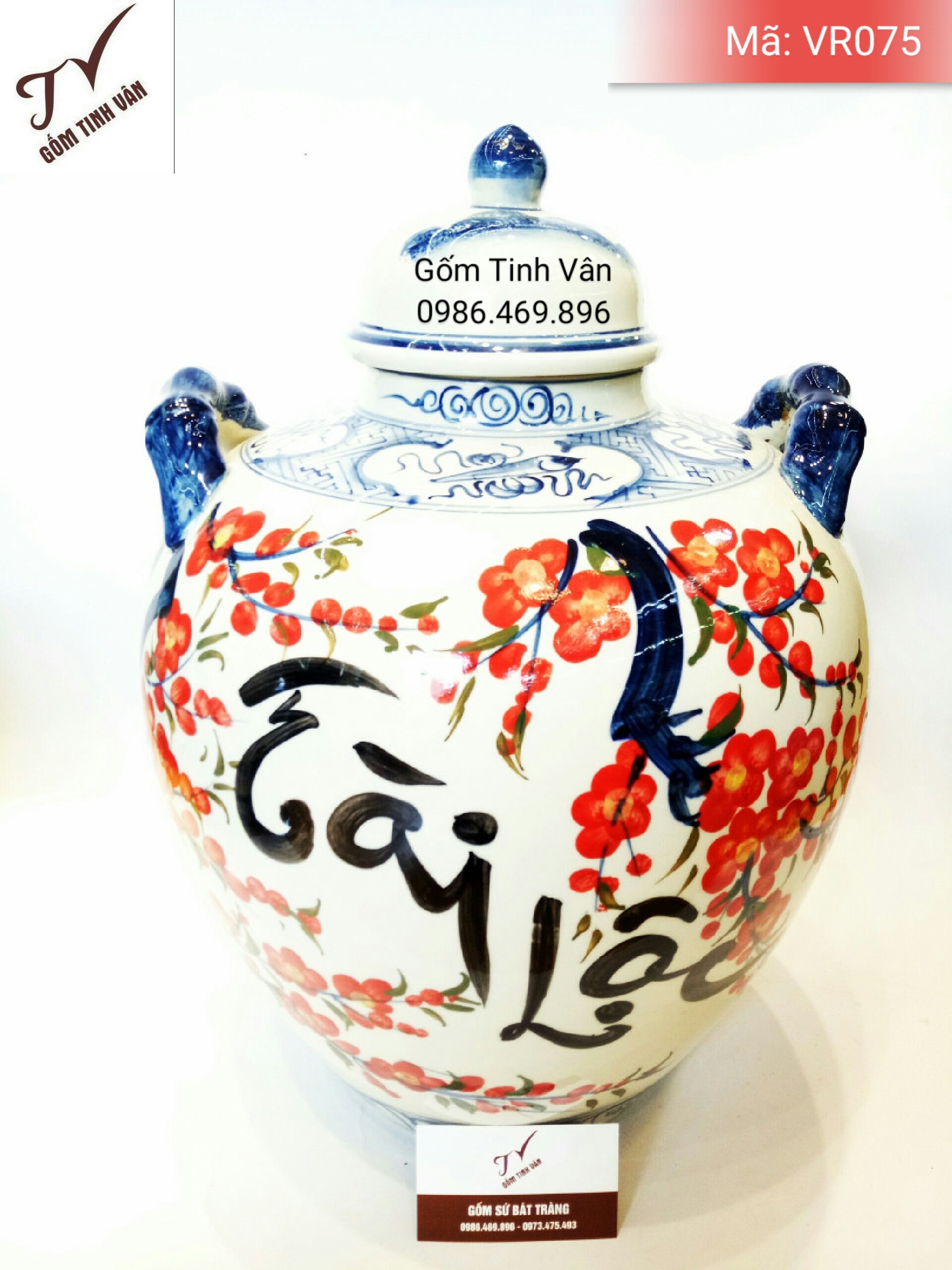 Vò rượu TÀI LỘC hoa đào, dung tích 30l, mã vr075, Gốm Sứ Bát Tràng-Tinh Vân