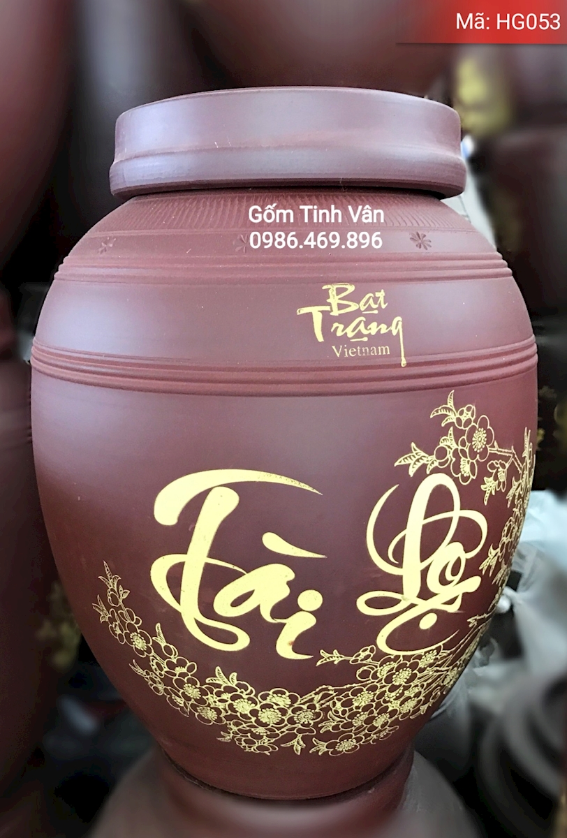 Hũ gạo tài lộc 13 kg, HG053, cao 38 cm, ngang 22 cm, gốm tử sa Bát Tràng, hũ gạo phong thủy Gốm Tinh Vân