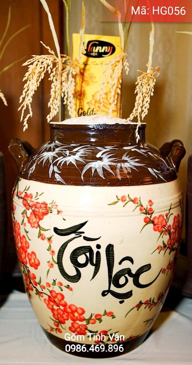 Hũ gạo tài lộc men vàng nâu, đựng 15 kg gạo, mã HG056, gốm sứ Bát Tràng-Tinh Vân