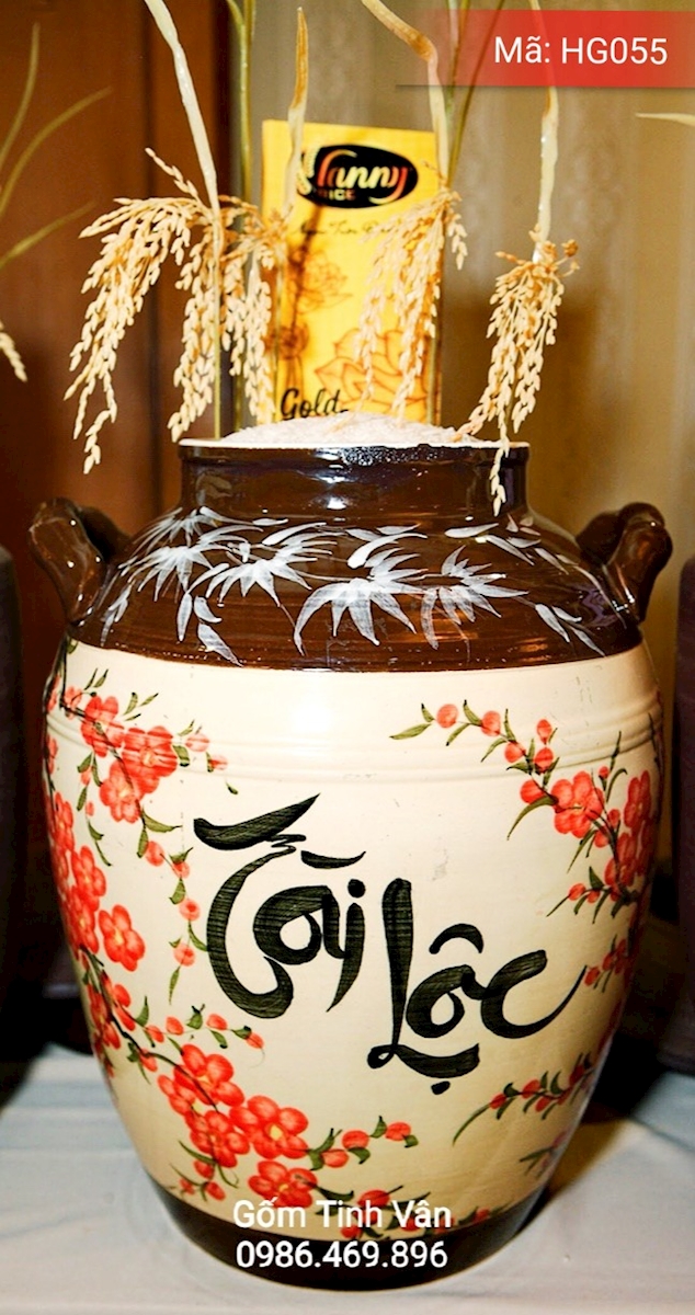Hũ gạo tài lộc men vàng nâu, đựng 20 kg gạo, mã HG055, gốm sứ Bát Tràng-Tinh Vân