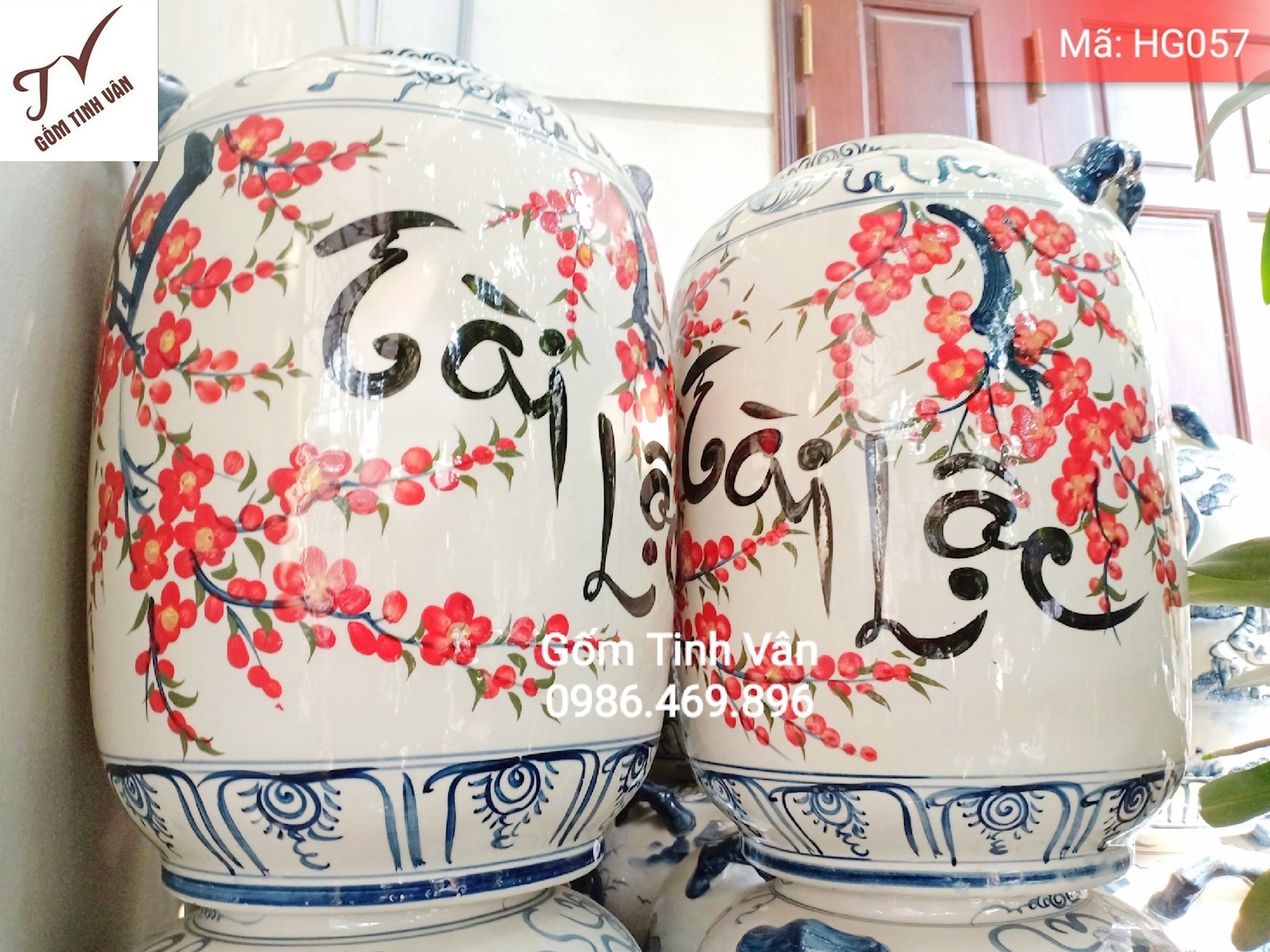 Hũ gạo tài lộc, Mã HG057, hoa văn vẽ tay, đựng 18 kg gạo, hũ gạo phong thủy, gốm sứ Bát Tràng-Tinh Vân