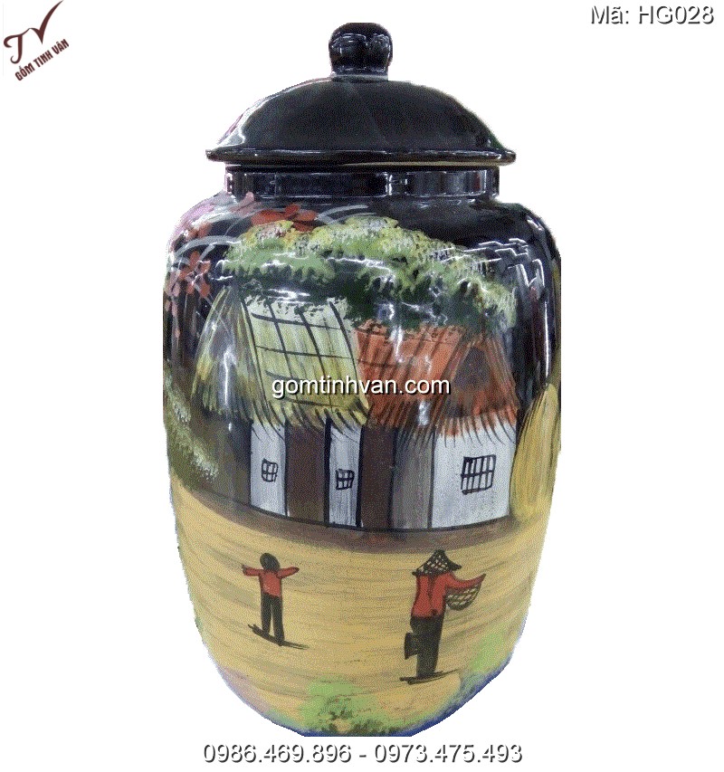 Hũ gạo phong thủy gốm sứ bát tràng 6.5kg - HG028