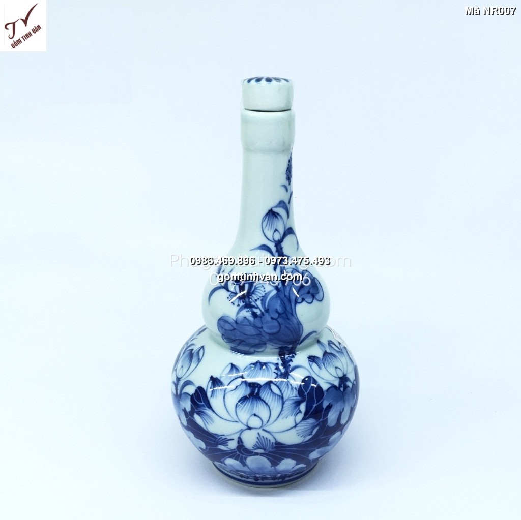 Nậm rượu hồ lô- Men lam cổ - họa tiết Hoa Sen-NR007