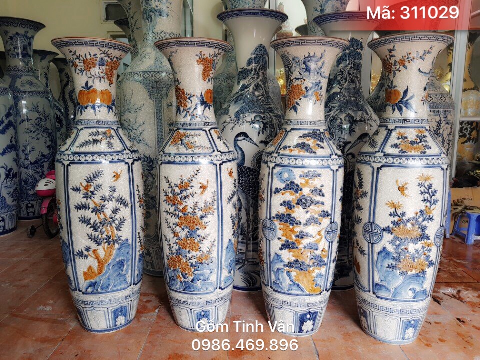 Lọ lục bình, lộc bình men rạn cổ hoa văn đắp nổi cảnh tứ quý, tùng trúc cúc mai, cao 1.55m cả đế-Mã 311029