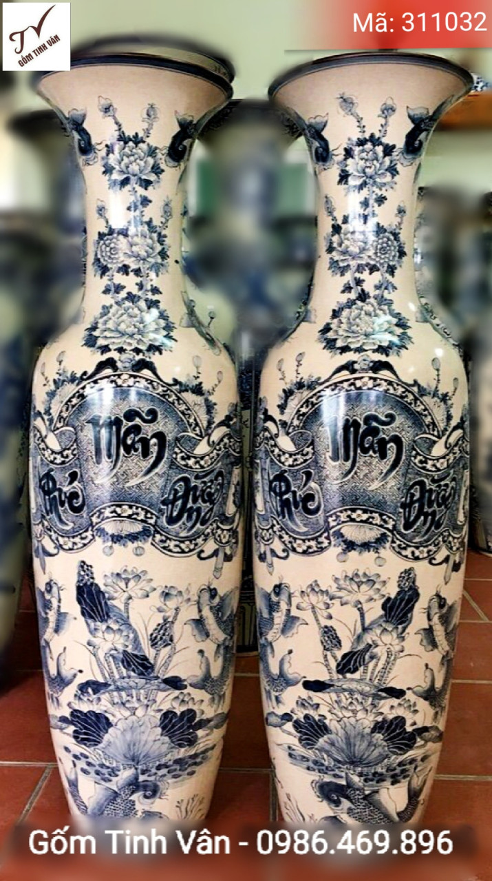 Lọ lục bình (lộc bình) men rạn cổ viết chữ Phúc-Mãn-Đường, vẽ tay cao cấp, cá chép hoa sen, hoa phù dung, cao 1.75m cả chân đế
