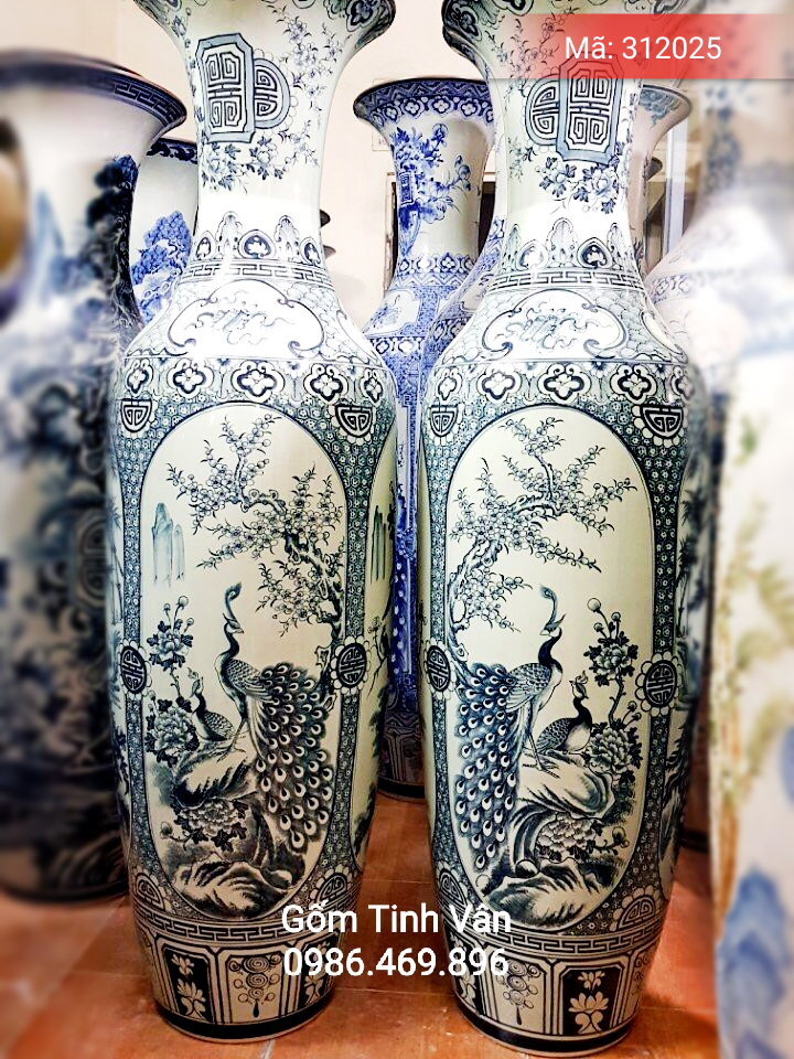 Lọ lục bình vẽ tay cảnh tứ quý tùng trúc cúc mai-Mã 312025-Cao 1.75m cả chân đế-Gốm Sứ Bát Tràng