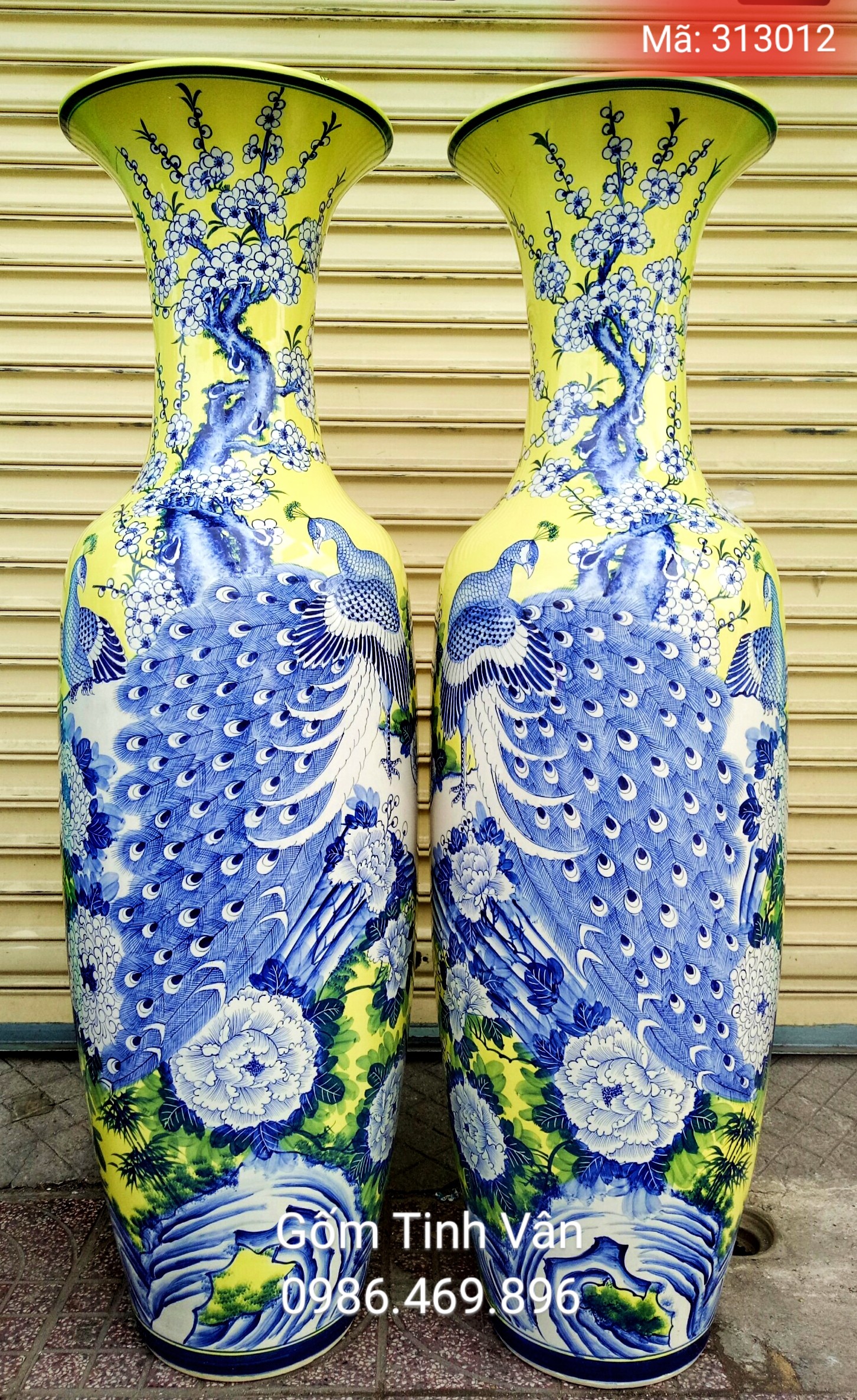 lo luc binh men vang hoa van chim cong hoa dao cao 1.55m ca chan de, ma 313012, gom su bat trang tinh van cao cap