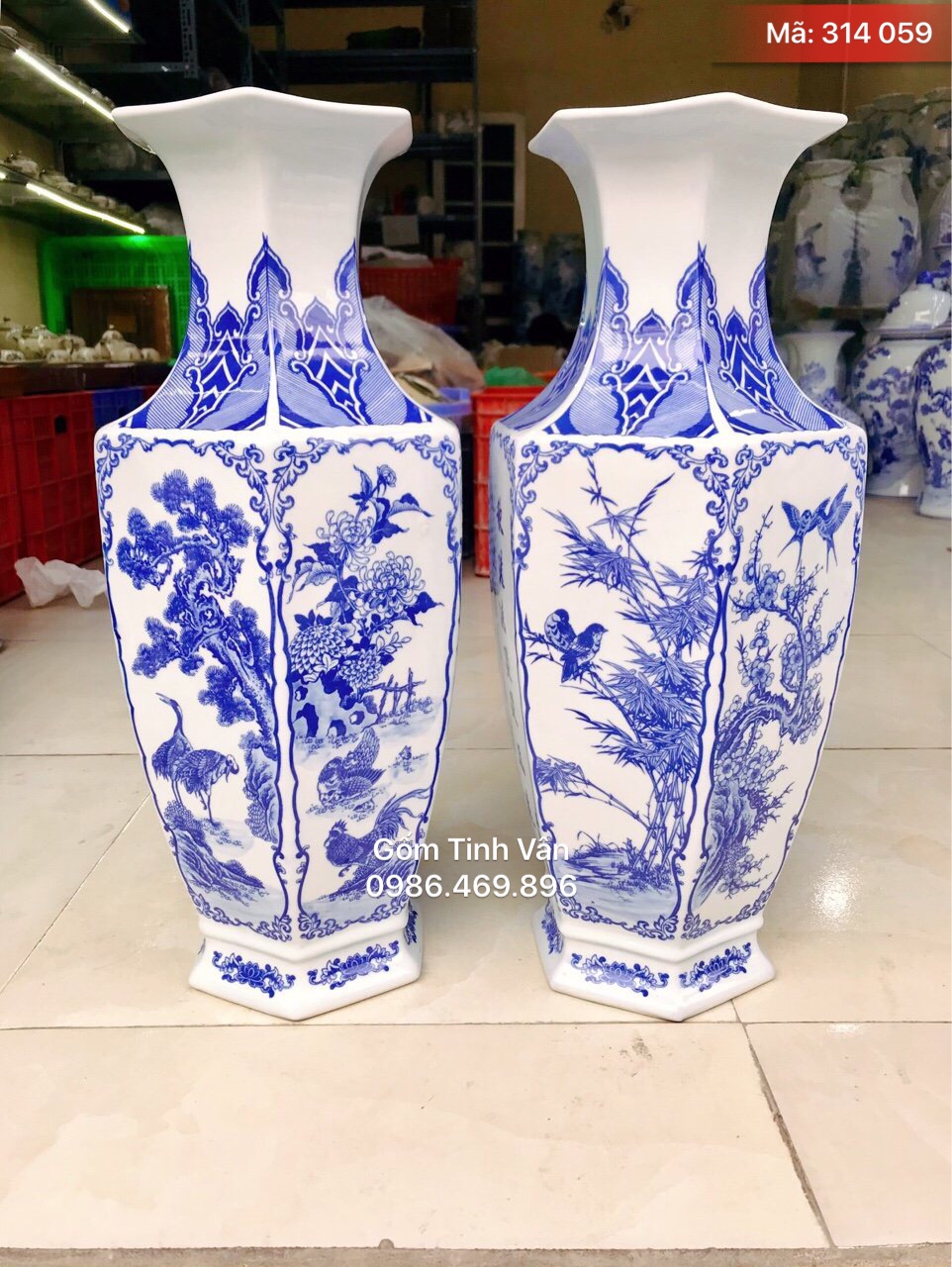 Lọ lục lăng men xanh lam, mã 314059, gốm sứ Bát Tràng Tinh Vân cao cấp, vẽ cảnh tứ quý tùng trúc cúc mai, cao 55 cm