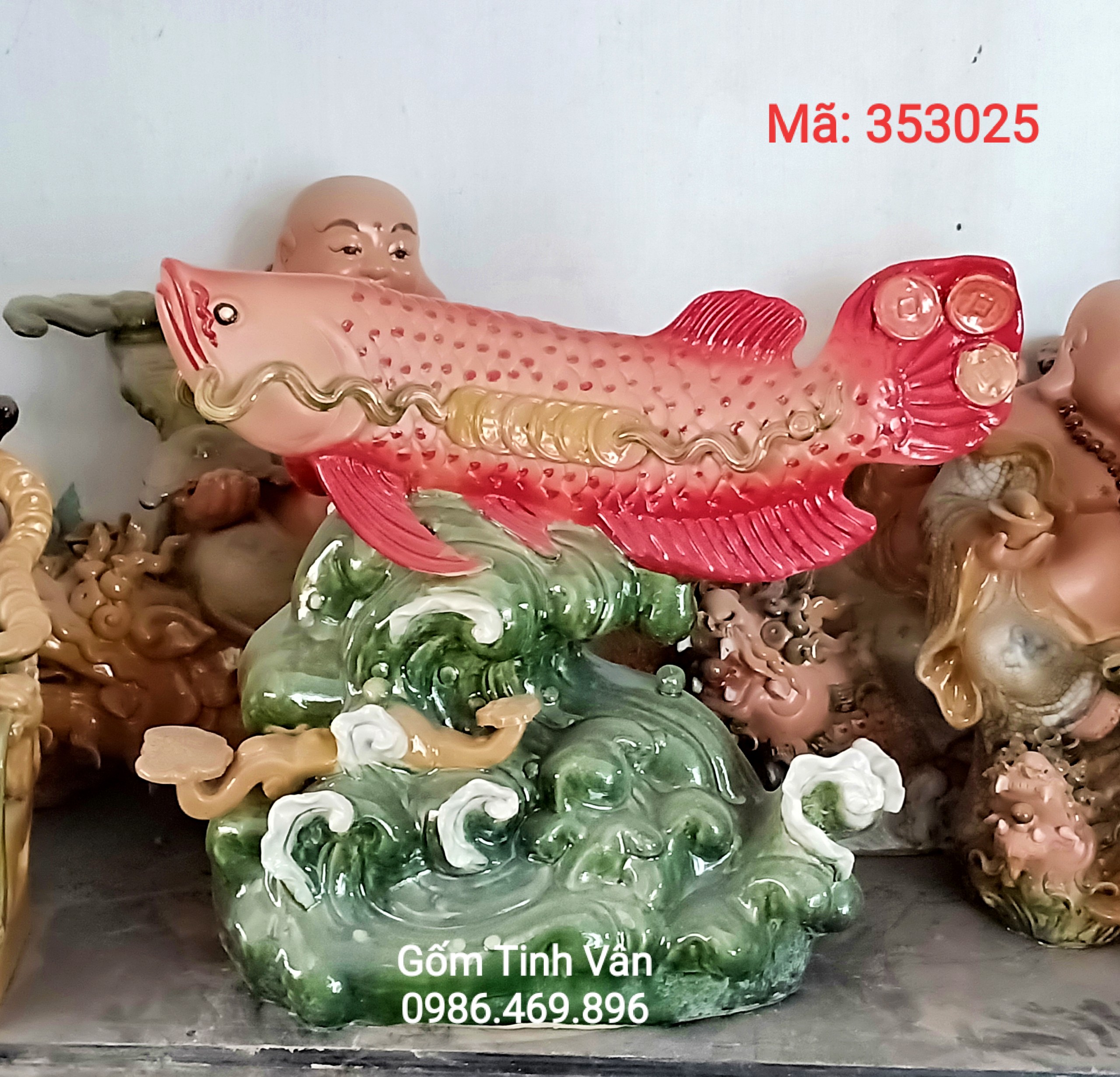 Tượng cáo chép cưỡi sóng, cá chép vượt vũ môn, cao  30 cm - Mã 353025 - Gốm Bát Tràng Tinh Vân