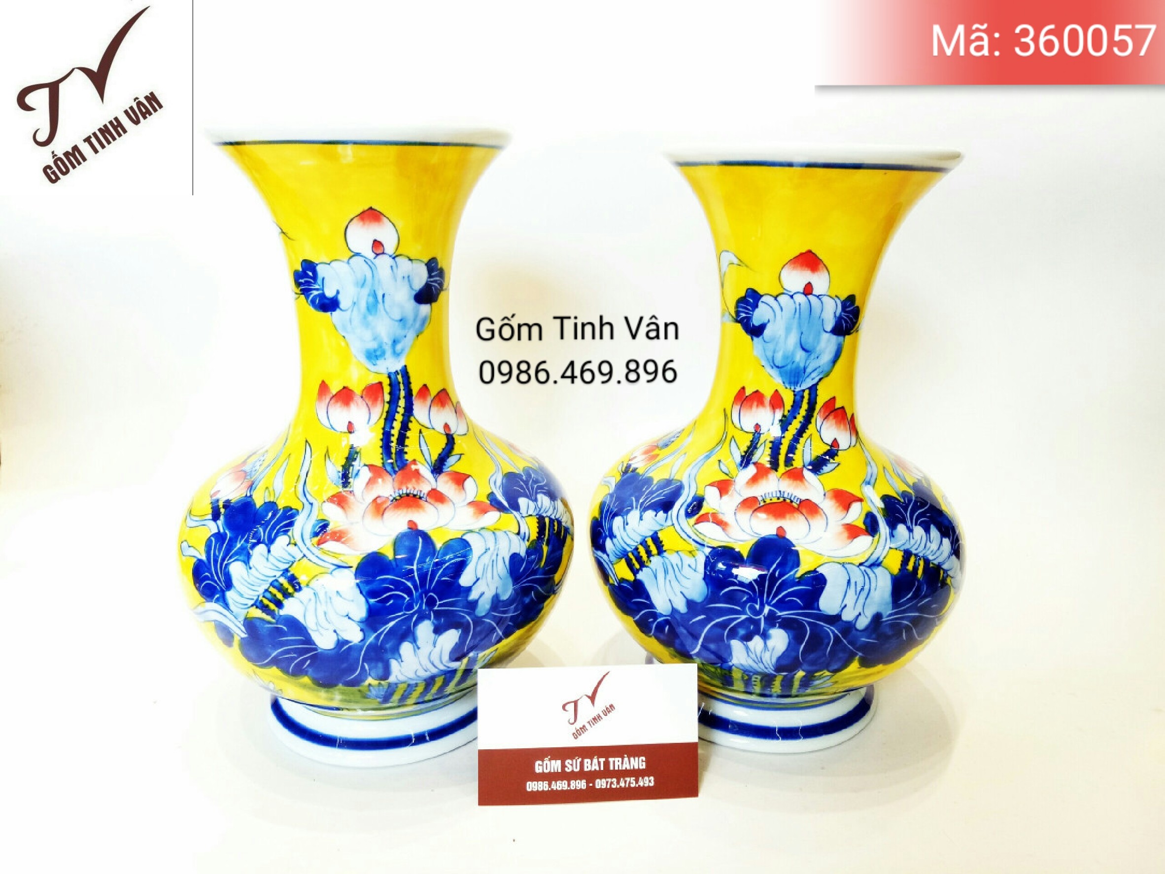 Cặp bình phát lộc men vàng hoàng kim vẽ hoa sen cao cấp, mã 360057, cao 25 cm, ngang 15 cm, Gốm Sứ Bát Tràng-Tinh Vân
