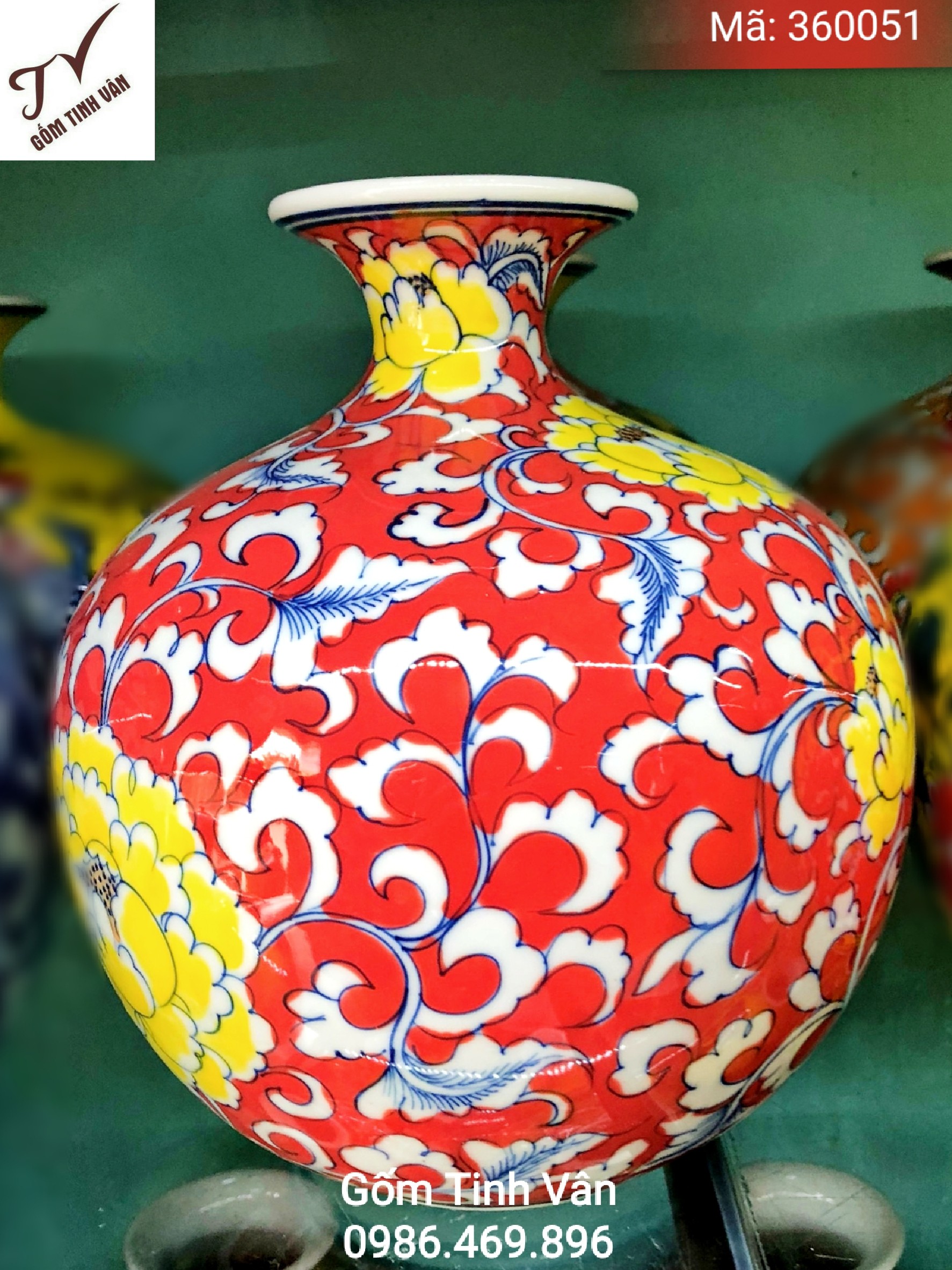 Bình hút tài lộc cao 30 cm, ngang 28 cm, gốm sứ Bát Tràng men đỏ vẽ tay hoa phù dung mã 360051, Gốm Tinh Vân