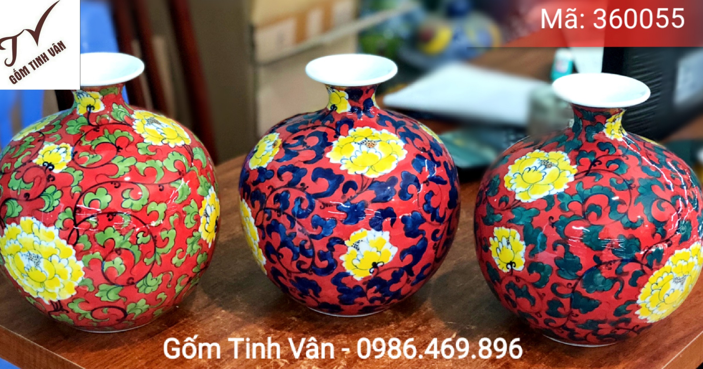 Bộ 3 bình hút tài lộc cao 22 cm, mã 360055, vẽ hoa phù dung tinh xảo, đủ sắc màu, gốm sứ Bát Tràng-Tinh Vân cao cấp