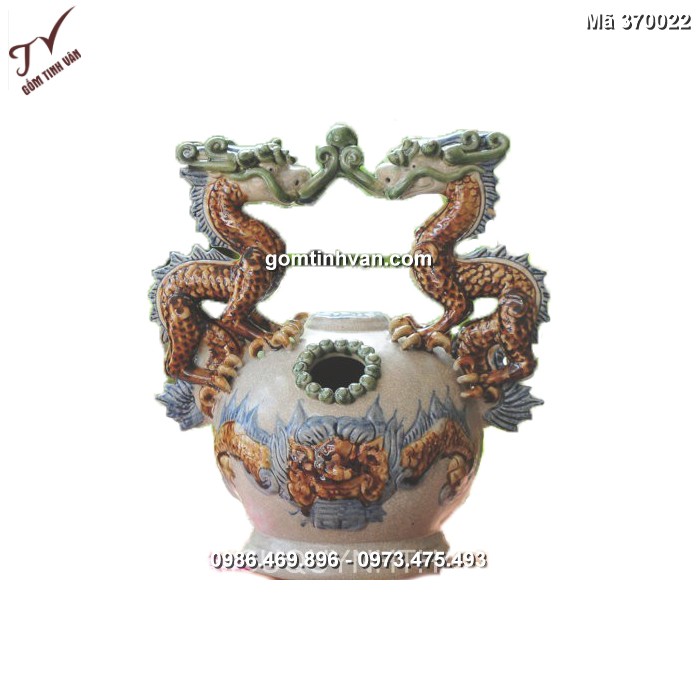 Bình vôi cổ men rạn đắp nổi song long châu nguyệt - 370022