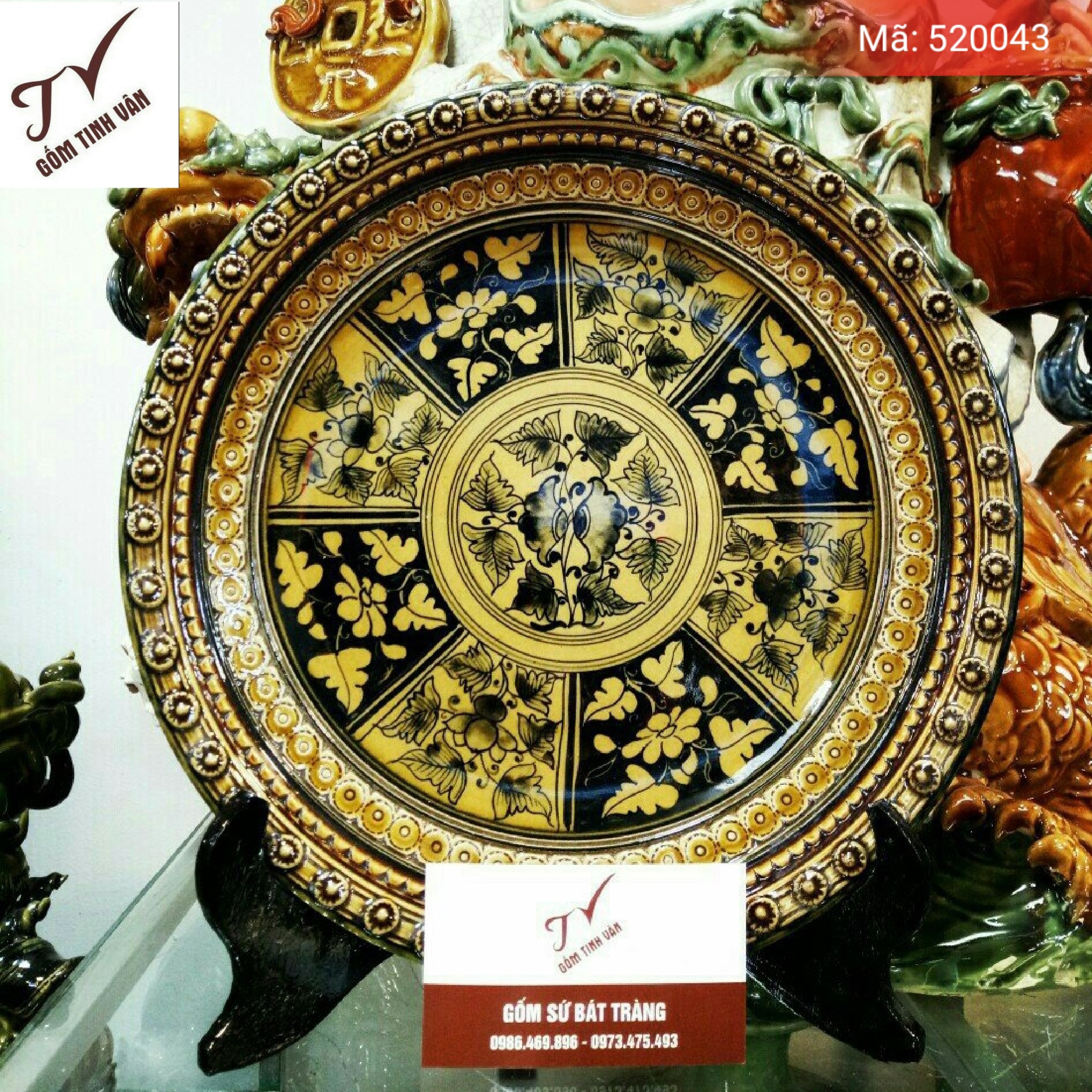 ĐĨA CẢNH HOA VĂN ĐẮP NỔI, đk 26 cm, kèm chân đế gỗ, mã 520043, hoa văn tinh xảo, GỐM SỨ BÁT TRÀNG TINH VÂN