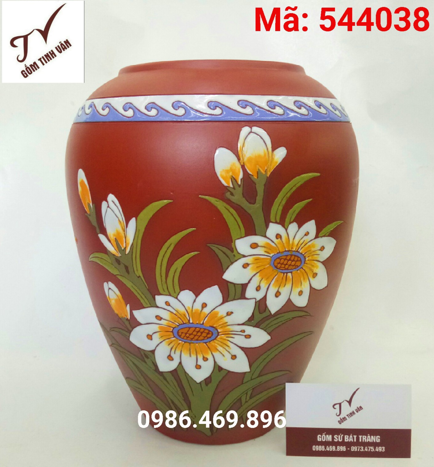 lo cam hoa nghe thuat chat lieu gom do, cao 32 cm, ma 544038, gom su bat trang tinh van