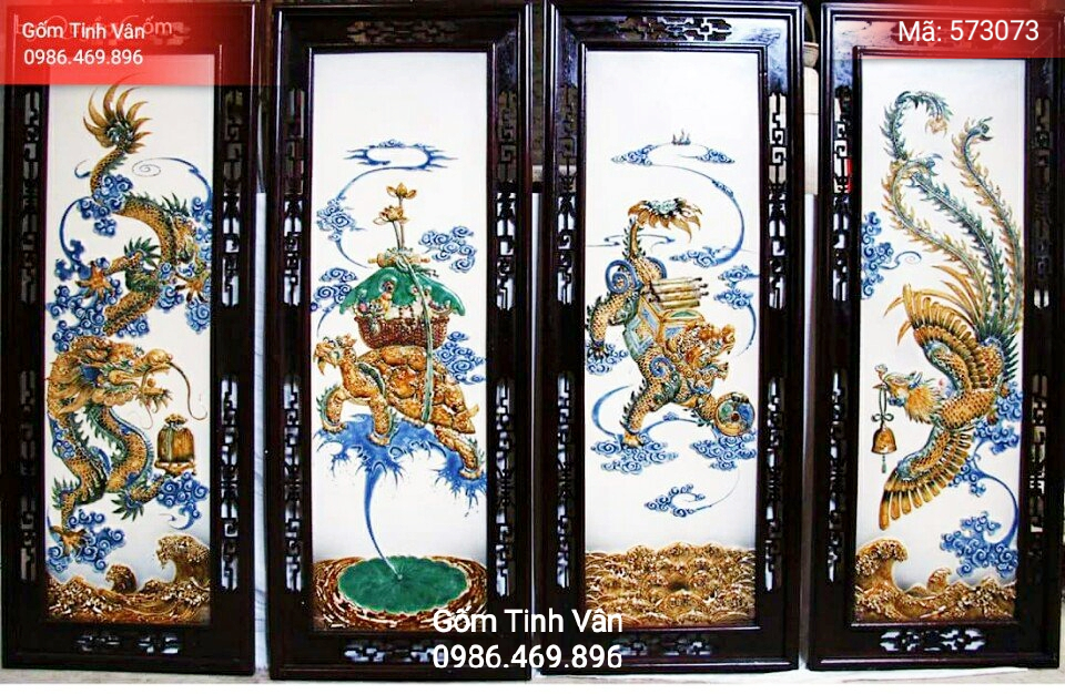 tranh tu linh hoa van dap noi thu cong, kich thuoc 1.28 m x 48 cm, ma 573073, gom su bat trang tinh van