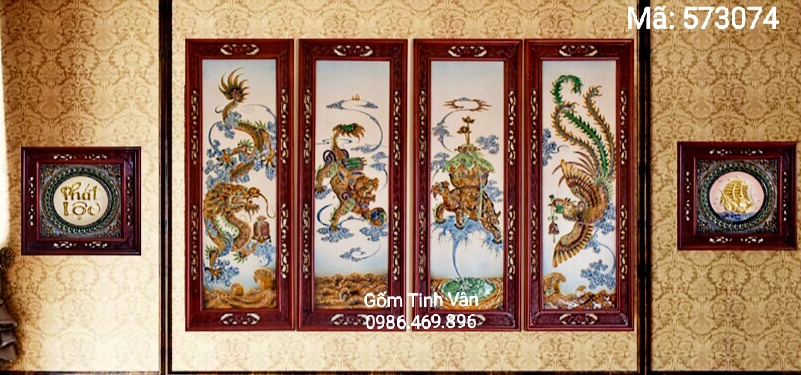 tranh tu linh khung go gu cao cap, hoa van dap noi thu cong, kich thuoc 128x48 cm, ma 573074, gom su bat trang tinh van