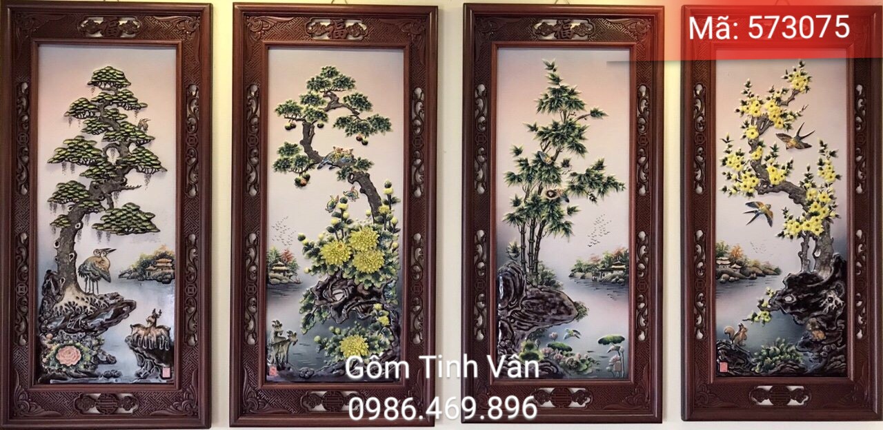 Tranh tứ quý hoa văn ĐẮP NỔI thủ công, mã 573075, kích thước 95x45 cm, chạm khắc tinh xảo, GỐM SỨ BÁT TRÀNG - TINH VÂN