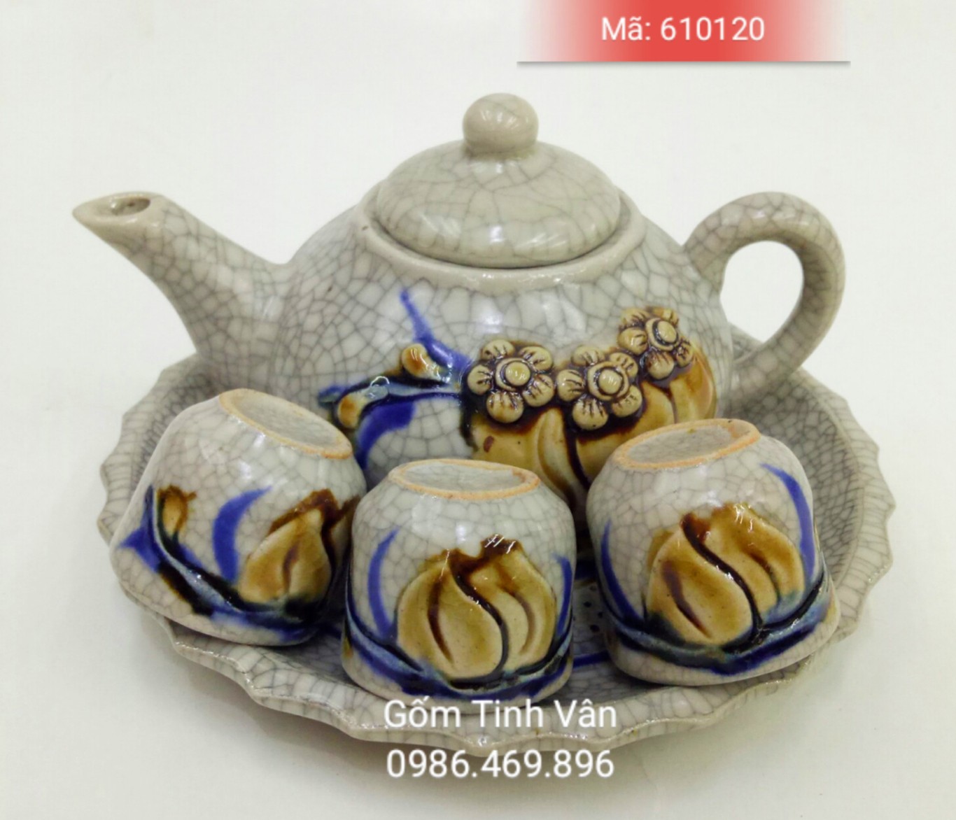 bo binh tra mini, am chen men ran co hoa van dap noi mini, ma 610120, gom su bat trang tinh van