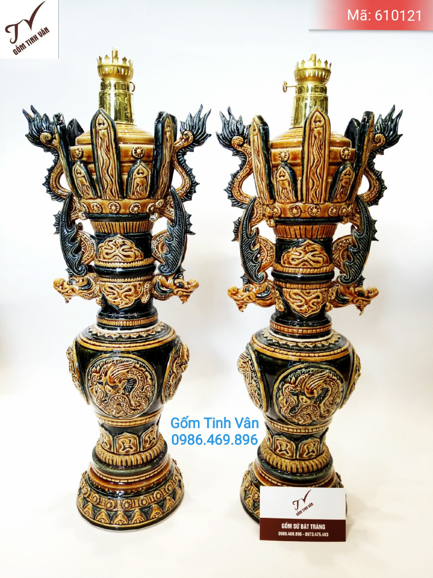 CHÂN ĐÈN DẦU ĐẮP NỔI CAO CẤP, cao 48 cm, ngang 18 cm, mã 610121, GỐM SỨ BÁT TRÀNG-TINH VÂN