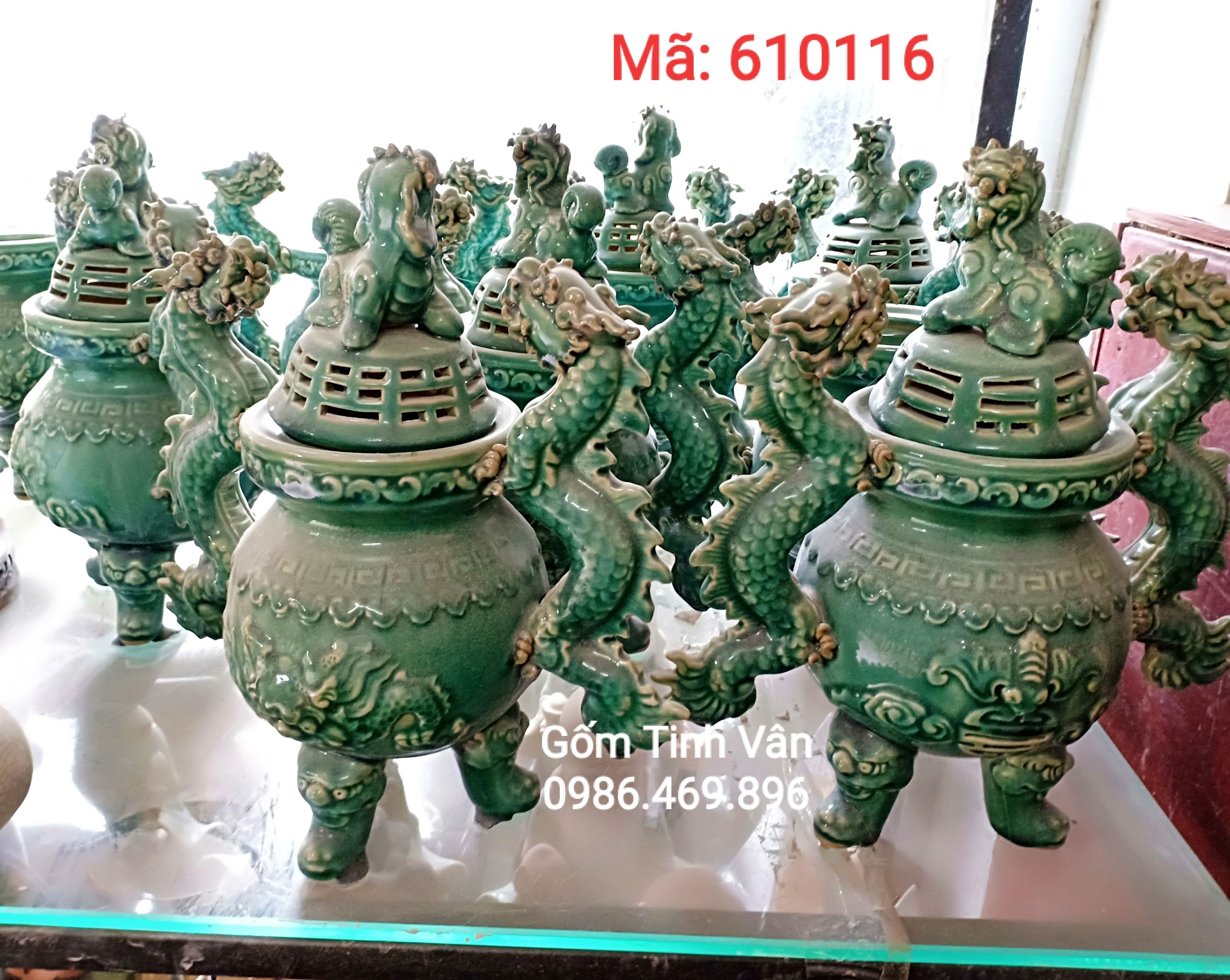 Đốt trầm hương men xanh đồng kiểu cổ, cao 23 cm , hoa văn rồng đắp nổi-Mã 610116-Gốm Tinh Vân-Gốm Sứ Bát Tràng cao cấp