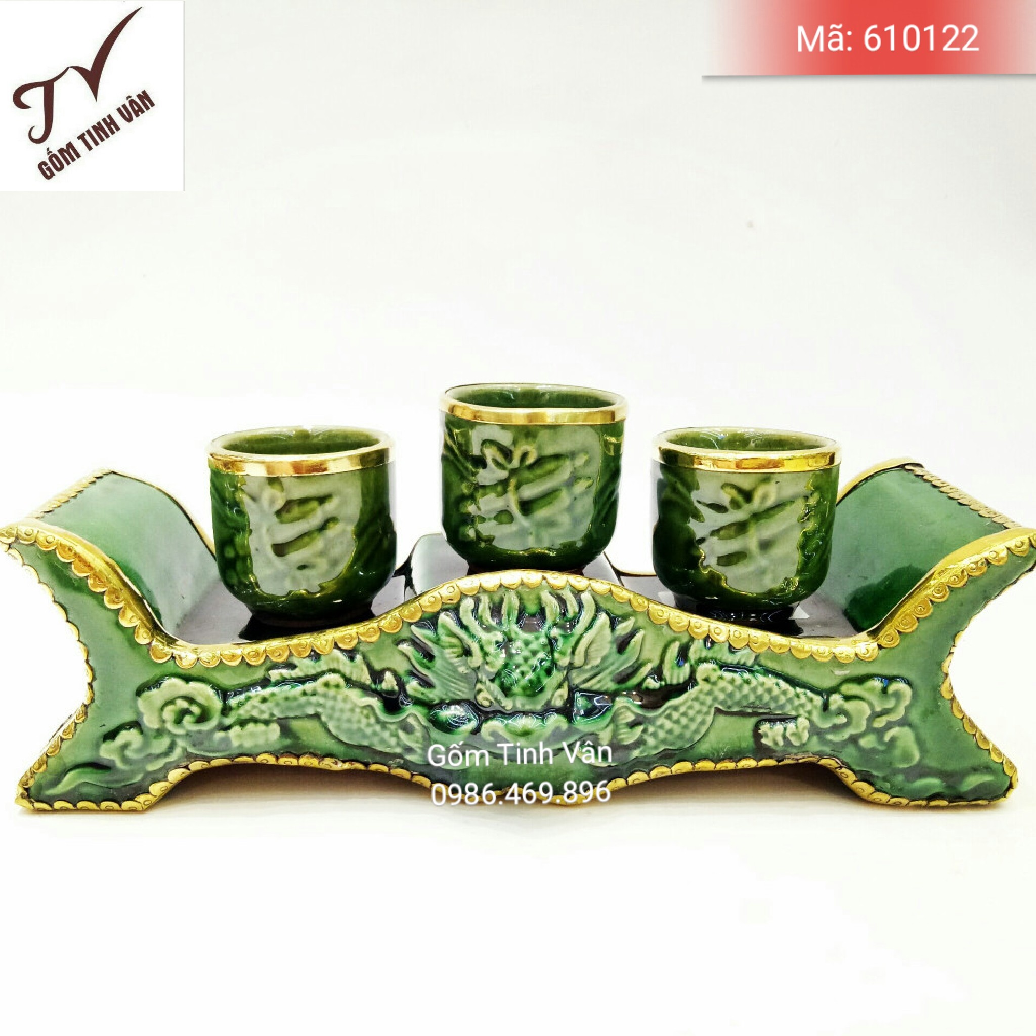 Kỷ ngai 3 chén (ly) men xanh ngọc bích bọc đồng, mã 610122, Gốm Sứ Bát Tràng-TINH VÂN