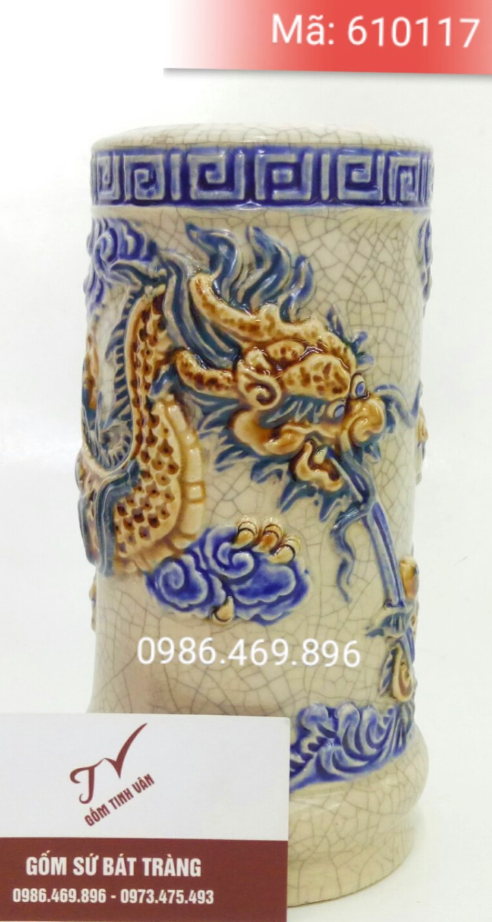 ong cam nhang, do tho men ran co hoa van dap noi, cao 20 cm, dk 8 cm, ma 610117, gom su bat trang tinh van cao cap