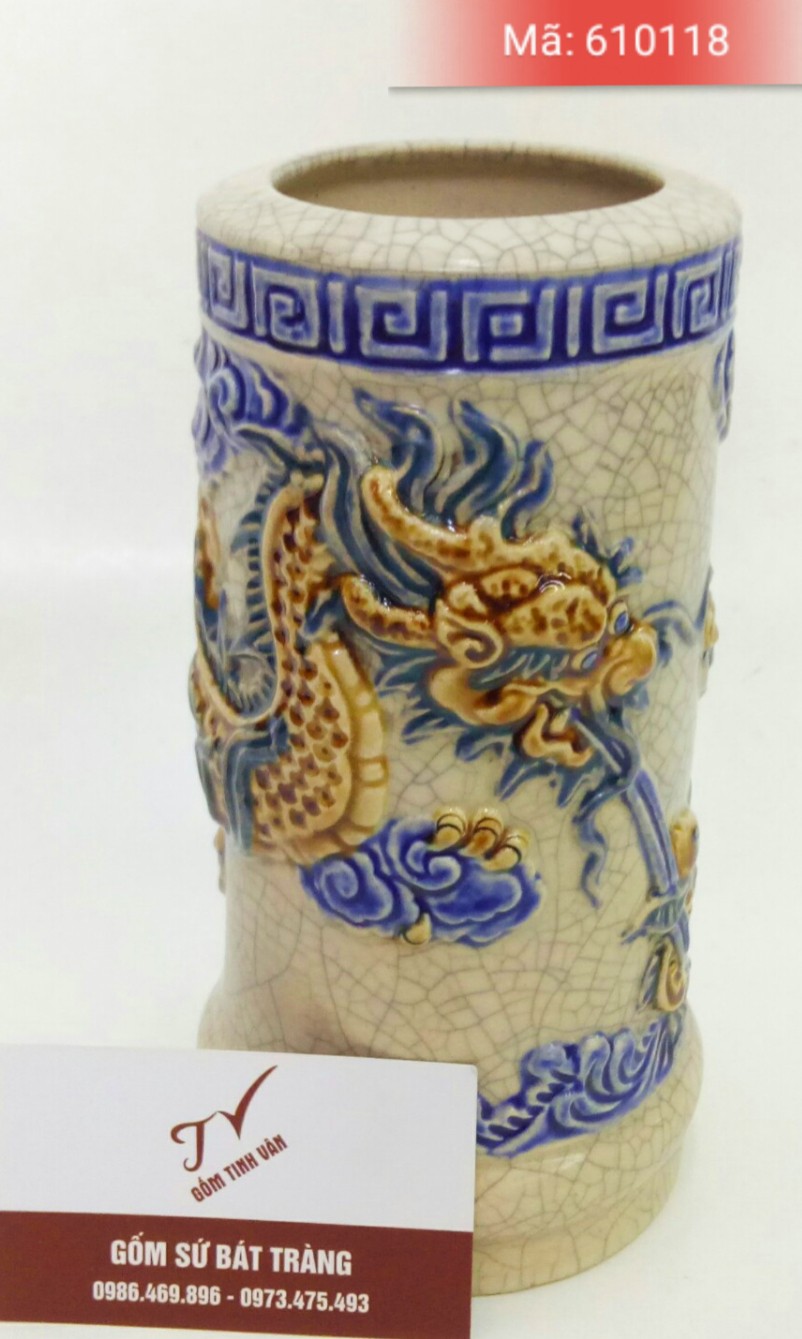 ong cam nhang, do tho men ran co hoa van dap noi, cao 23 cm, dk 9 cm, ma 610118, gom su bat trang tinh van cao cap