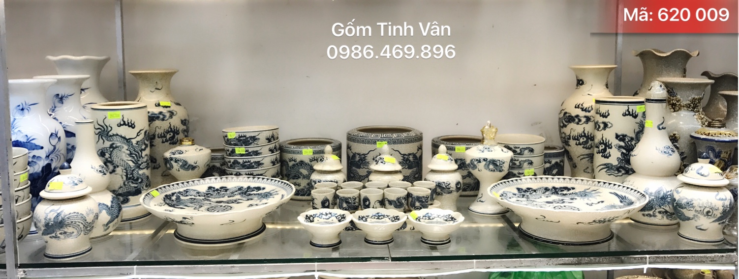 Trọn bộ đồ thờ cúng đầy đủ, gốm sứ bát tràng men rạn cổ vẽ rồng phượng mã 62008, gốm tinh vân
