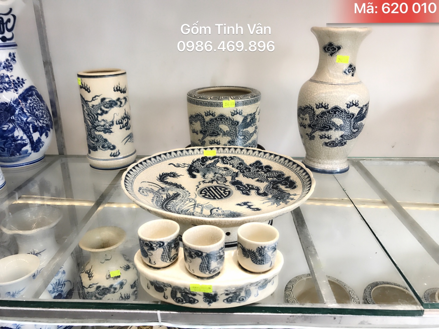 Bộ đồ thờ cúng men rạn cổ vẽ rồng gốm sứ Bát Tràng Tinh Vân, mã 620 010